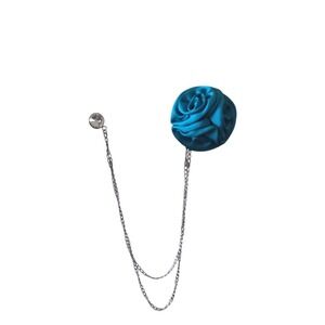 Teal Blue Fabric Rosette Flower Brooch with Crystal Stud and Silver Tone Chain